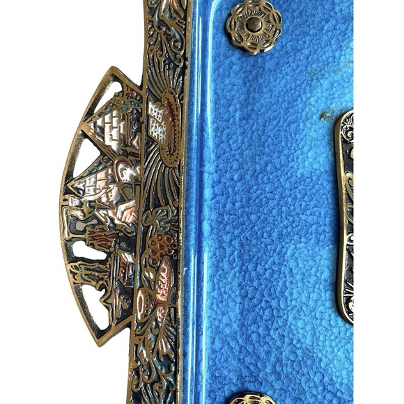 Mid Century Enamel on Brass Carved Footed Tray Dish Bowl Isreal fish wine grapes - Picture 6 of 16